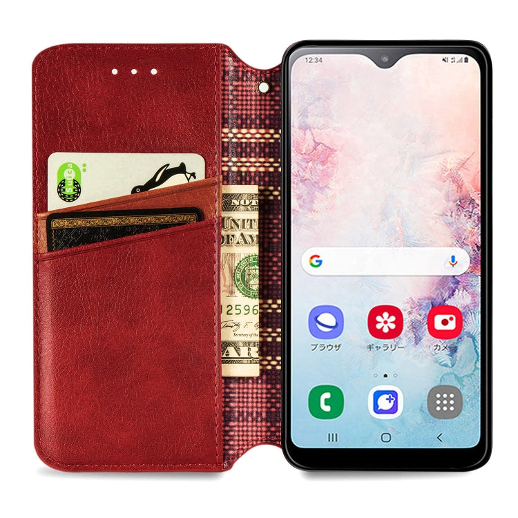 For Samsung Galaxy A20(Japanese Version) Cubic Grid Pressed Horizontal Flip Magnetic Leather Case with Holder & Card Slots & Wallet