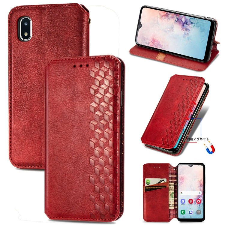 For Samsung Galaxy A20(Japanese Version) Cubic Grid Pressed Horizontal Flip Magnetic Leather Case with Holder & Card Slots & Wallet