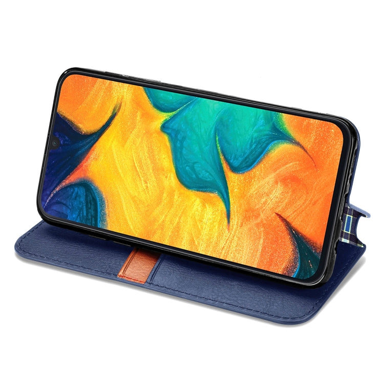 For Samsung Galaxy A30(Japanese Version) Cubic Grid Pressed Horizontal Flip Magnetic Leather Case with Holder & Card Slots & Wallet