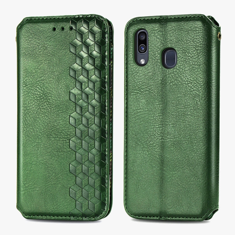 For Samsung Galaxy A30(Japanese Version) Cubic Grid Pressed Horizontal Flip Magnetic Leather Case with Holder & Card Slots & Wallet