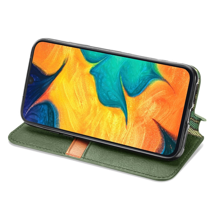 For Samsung Galaxy A30(Japanese Version) Cubic Grid Pressed Horizontal Flip Magnetic Leather Case with Holder & Card Slots & Wallet
