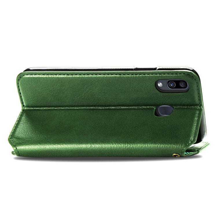 For Samsung Galaxy A30(Japanese Version) Cubic Grid Pressed Horizontal Flip Magnetic Leather Case with Holder & Card Slots & Wallet