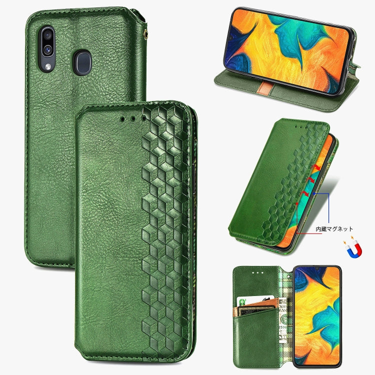 For Samsung Galaxy A30(Japanese Version) Cubic Grid Pressed Horizontal Flip Magnetic Leather Case with Holder & Card Slots & Wallet