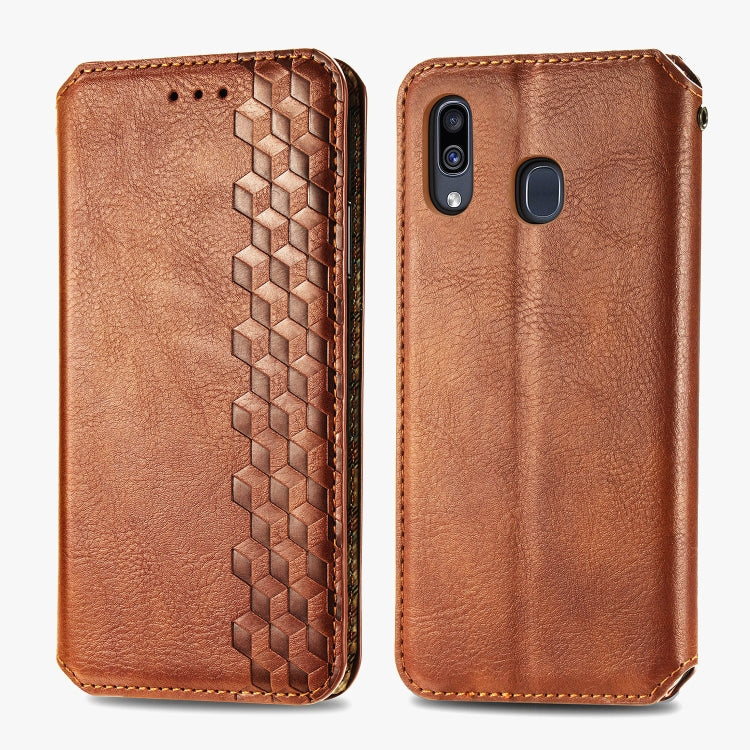For Samsung Galaxy A30(Japanese Version) Cubic Grid Pressed Horizontal Flip Magnetic Leather Case with Holder & Card Slots & Wallet