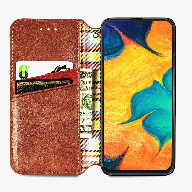 For Samsung Galaxy A30(Japanese Version) Cubic Grid Pressed Horizontal Flip Magnetic Leather Case with Holder & Card Slots & Wallet