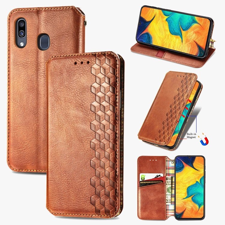 For Samsung Galaxy A30(Japanese Version) Cubic Grid Pressed Horizontal Flip Magnetic Leather Case with Holder & Card Slots & Wallet