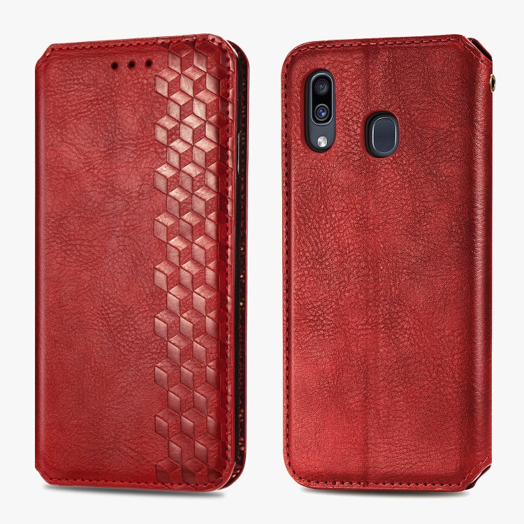 For Samsung Galaxy A30(Japanese Version) Cubic Grid Pressed Horizontal Flip Magnetic Leather Case with Holder & Card Slots & Wallet