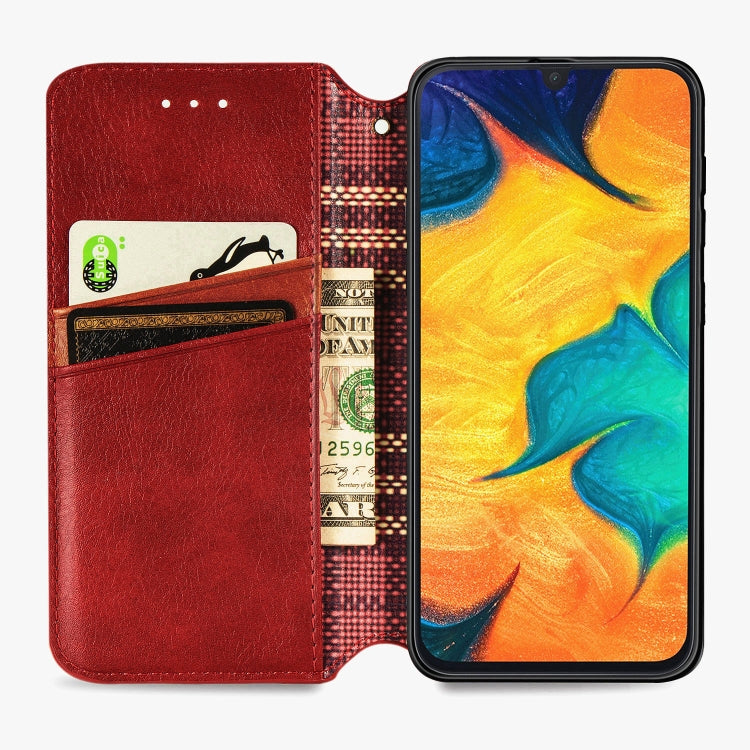 For Samsung Galaxy A30(Japanese Version) Cubic Grid Pressed Horizontal Flip Magnetic Leather Case with Holder & Card Slots & Wallet