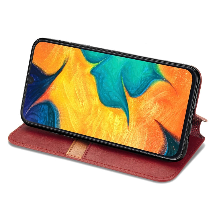 For Samsung Galaxy A30(Japanese Version) Cubic Grid Pressed Horizontal Flip Magnetic Leather Case with Holder & Card Slots & Wallet