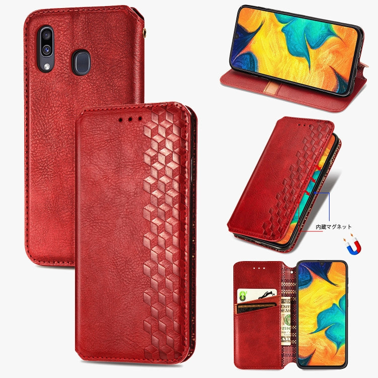 For Samsung Galaxy A30(Japanese Version) Cubic Grid Pressed Horizontal Flip Magnetic Leather Case with Holder & Card Slots & Wallet