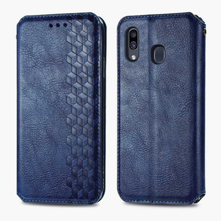 For Samsung Galaxy A30 Cubic Grid Pressed Horizontal Flip Magnetic Leather Case with Holder & Card Slots & Wallet