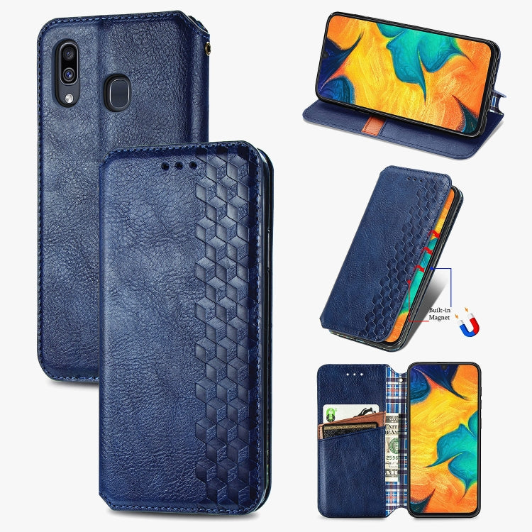 For Samsung Galaxy A30 Cubic Grid Pressed Horizontal Flip Magnetic Leather Case with Holder & Card Slots & Wallet