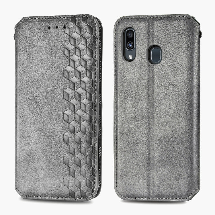 For Samsung Galaxy A30 Cubic Grid Pressed Horizontal Flip Magnetic Leather Case with Holder & Card Slots & Wallet