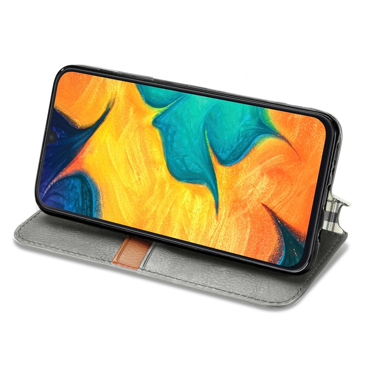 For Samsung Galaxy A30 Cubic Grid Pressed Horizontal Flip Magnetic Leather Case with Holder & Card Slots & Wallet