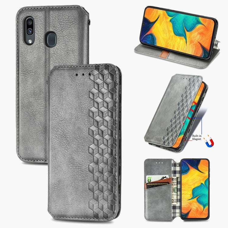 For Samsung Galaxy A30 Cubic Grid Pressed Horizontal Flip Magnetic Leather Case with Holder & Card Slots & Wallet