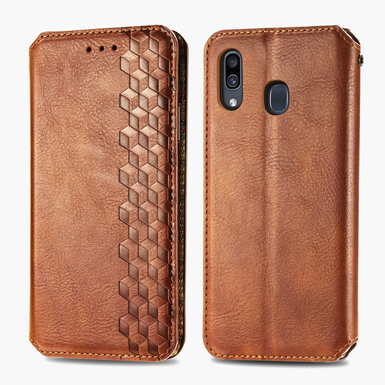 For Samsung Galaxy A30 Cubic Grid Pressed Horizontal Flip Magnetic Leather Case with Holder & Card Slots & Wallet