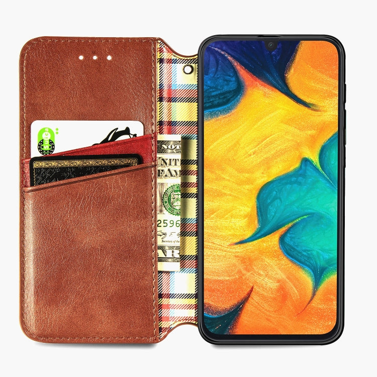 For Samsung Galaxy A30 Cubic Grid Pressed Horizontal Flip Magnetic Leather Case with Holder & Card Slots & Wallet