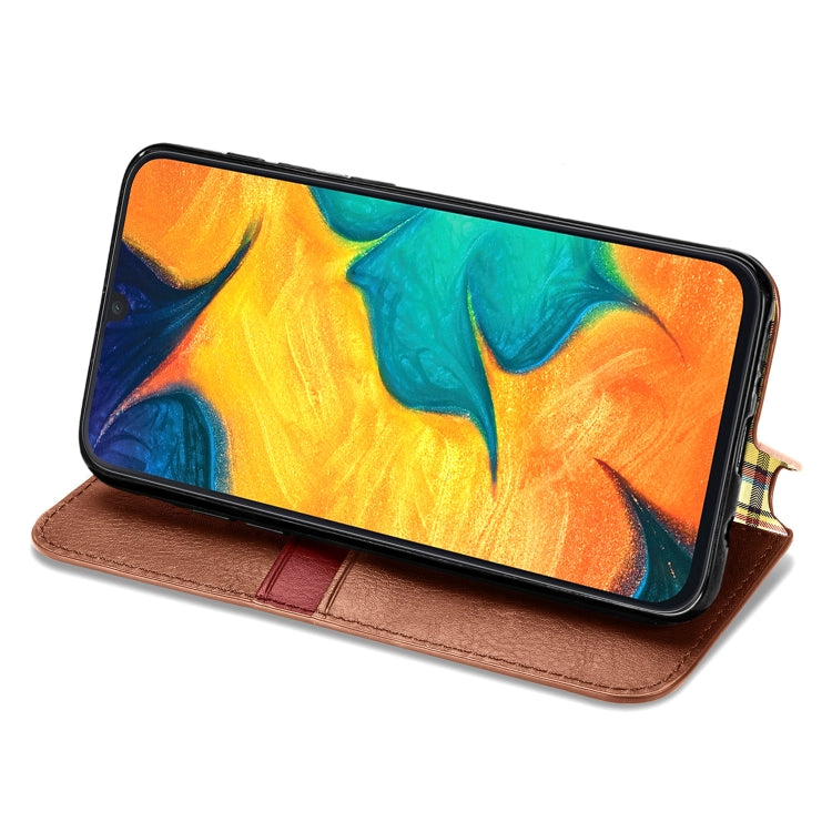 For Samsung Galaxy A30 Cubic Grid Pressed Horizontal Flip Magnetic Leather Case with Holder & Card Slots & Wallet