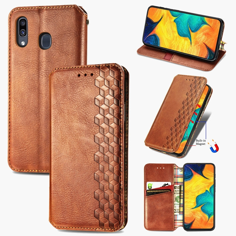 For Samsung Galaxy A30 Cubic Grid Pressed Horizontal Flip Magnetic Leather Case with Holder & Card Slots & Wallet