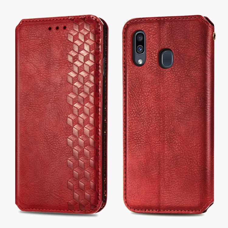 For Samsung Galaxy A30 Cubic Grid Pressed Horizontal Flip Magnetic Leather Case with Holder & Card Slots & Wallet