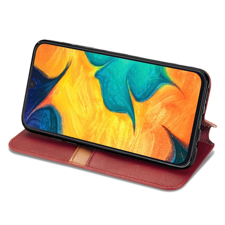 For Samsung Galaxy A30 Cubic Grid Pressed Horizontal Flip Magnetic Leather Case with Holder & Card Slots & Wallet