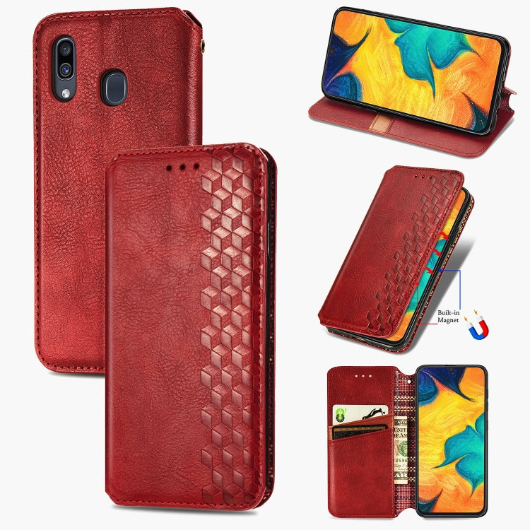 For Samsung Galaxy A30 Cubic Grid Pressed Horizontal Flip Magnetic Leather Case with Holder & Card Slots & Wallet
