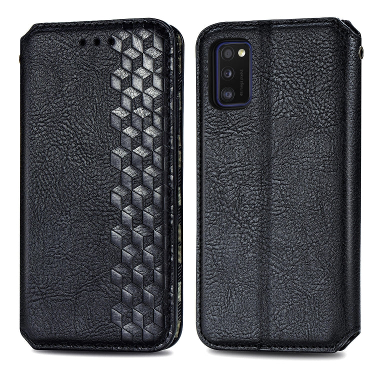 For Samsung Galaxy A41 Cubic Grid Pressed Horizontal Flip Magnetic Leather Case with Holder & Card Slots & Wallet