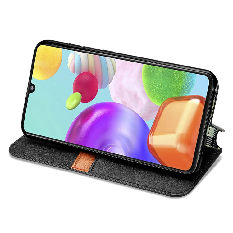 For Samsung Galaxy A41 Cubic Grid Pressed Horizontal Flip Magnetic Leather Case with Holder & Card Slots & Wallet