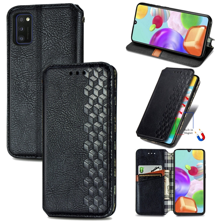 For Samsung Galaxy A41 Cubic Grid Pressed Horizontal Flip Magnetic Leather Case with Holder & Card Slots & Wallet