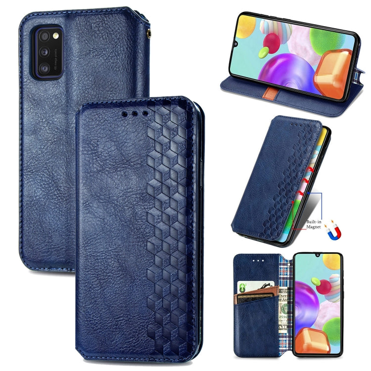 For Samsung Galaxy A41 Cubic Grid Pressed Horizontal Flip Magnetic Leather Case with Holder & Card Slots & Wallet
