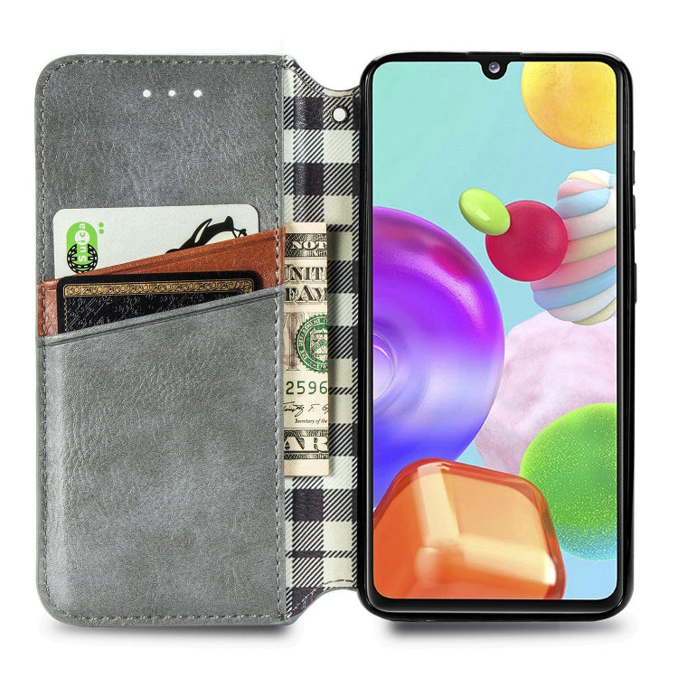 For Samsung Galaxy A41 Cubic Grid Pressed Horizontal Flip Magnetic Leather Case with Holder & Card Slots & Wallet