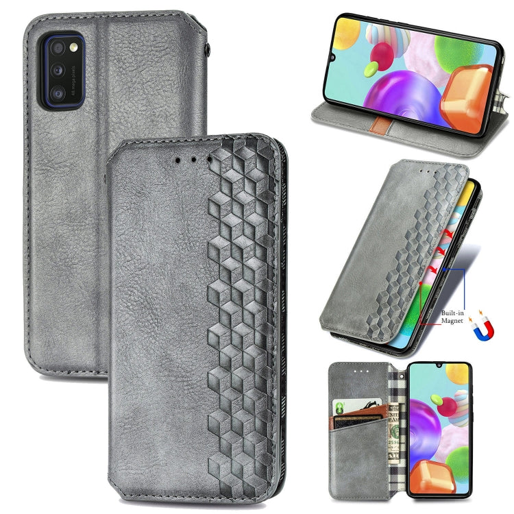 For Samsung Galaxy A41 Cubic Grid Pressed Horizontal Flip Magnetic Leather Case with Holder & Card Slots & Wallet