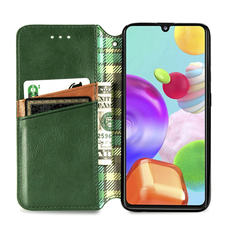 For Samsung Galaxy A41 Cubic Grid Pressed Horizontal Flip Magnetic Leather Case with Holder & Card Slots & Wallet