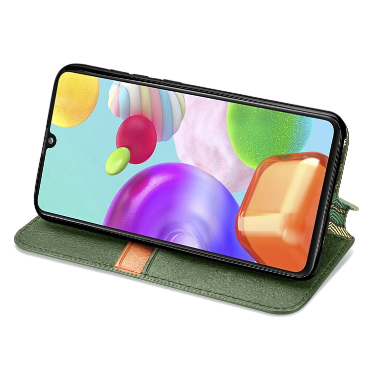 For Samsung Galaxy A41 Cubic Grid Pressed Horizontal Flip Magnetic Leather Case with Holder & Card Slots & Wallet