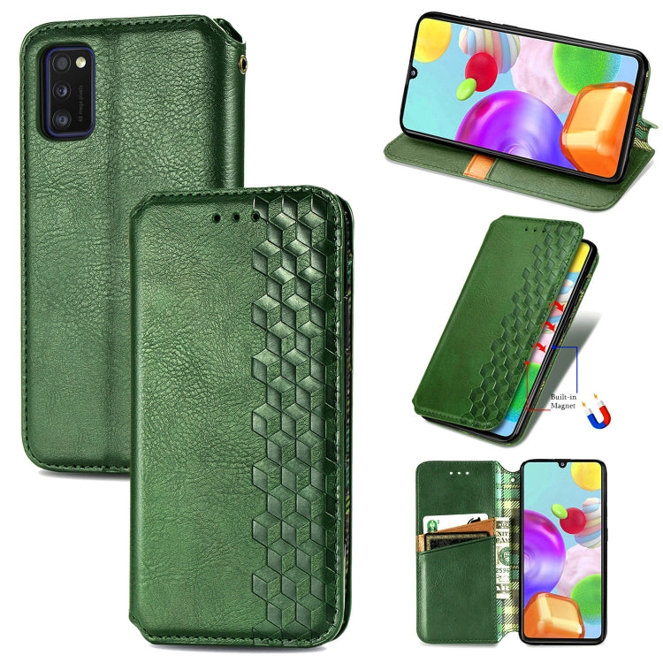 For Samsung Galaxy A41 Cubic Grid Pressed Horizontal Flip Magnetic Leather Case with Holder & Card Slots & Wallet