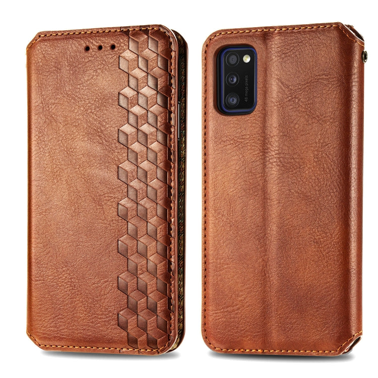 For Samsung Galaxy A41 Cubic Grid Pressed Horizontal Flip Magnetic Leather Case with Holder & Card Slots & Wallet
