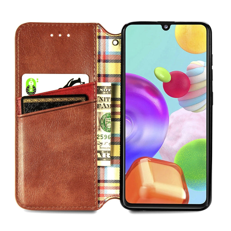 For Samsung Galaxy A41 Cubic Grid Pressed Horizontal Flip Magnetic Leather Case with Holder & Card Slots & Wallet