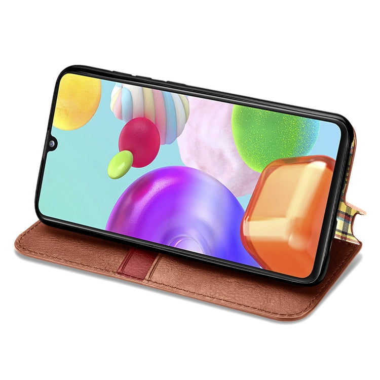 For Samsung Galaxy A41 Cubic Grid Pressed Horizontal Flip Magnetic Leather Case with Holder & Card Slots & Wallet