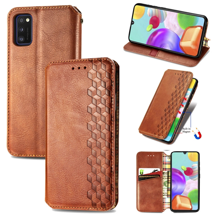 For Samsung Galaxy A41 Cubic Grid Pressed Horizontal Flip Magnetic Leather Case with Holder & Card Slots & Wallet