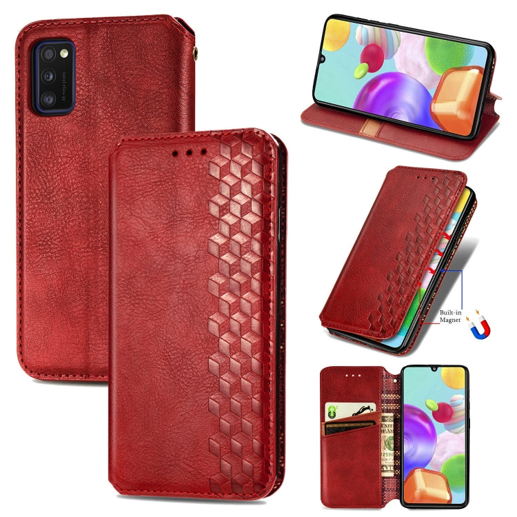 For Samsung Galaxy A41 Cubic Grid Pressed Horizontal Flip Magnetic Leather Case with Holder & Card Slots & Wallet