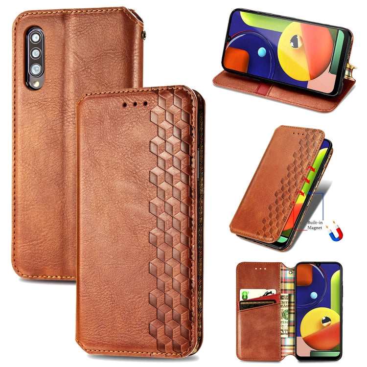 For Samsung Galaxy A50s / A30s / A50 Cubic Grid Pressed Horizontal Flip Magnetic Leather Case with Holder & Card Slots & Wallet