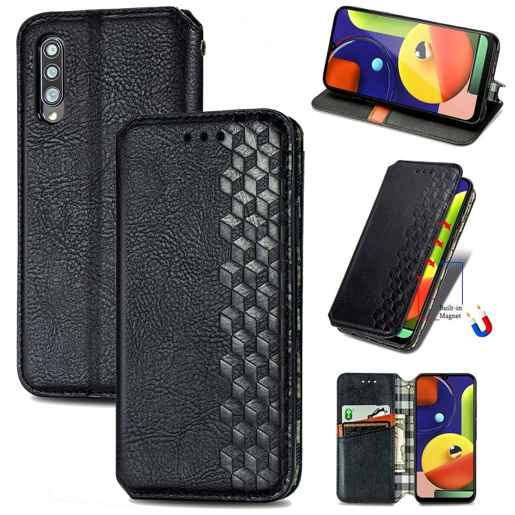 For Samsung Galaxy A70s Cubic Grid Pressed Horizontal Flip Magnetic Leather Case with Holder & Card Slots & Wallet