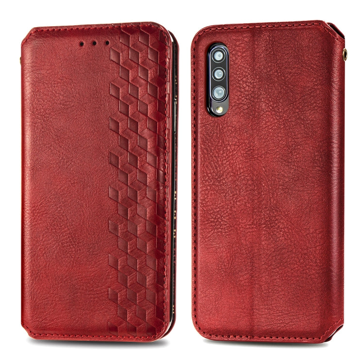 For Samsung Galaxy A70s Cubic Grid Pressed Horizontal Flip Magnetic Leather Case with Holder & Card Slots & Wallet
