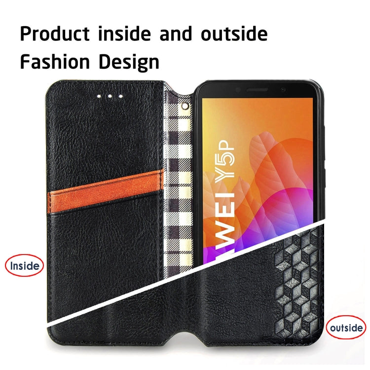 For Huawei Y5P(2020) Cubic Grid Pressed Horizontal Flip Magnetic Leather Case with Holder & Card Slots & Wallet