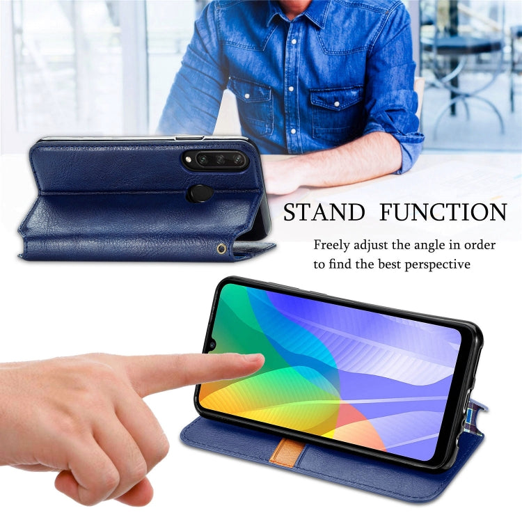 For Huawei Y6P Cubic Grid Pressed Horizontal Flip Magnetic Leather Case with Holder & Card Slots & Wallet