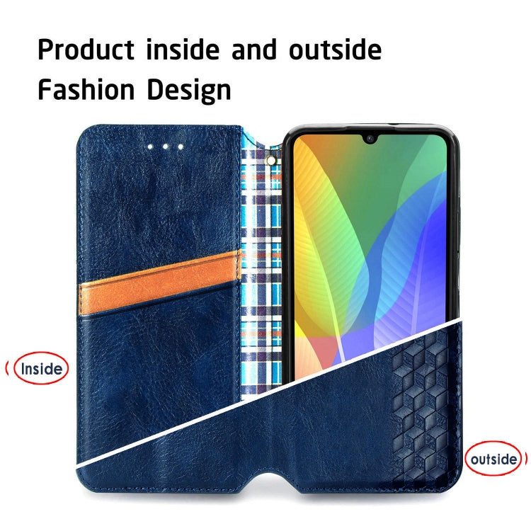 For Huawei Y6P Cubic Grid Pressed Horizontal Flip Magnetic Leather Case with Holder & Card Slots & Wallet