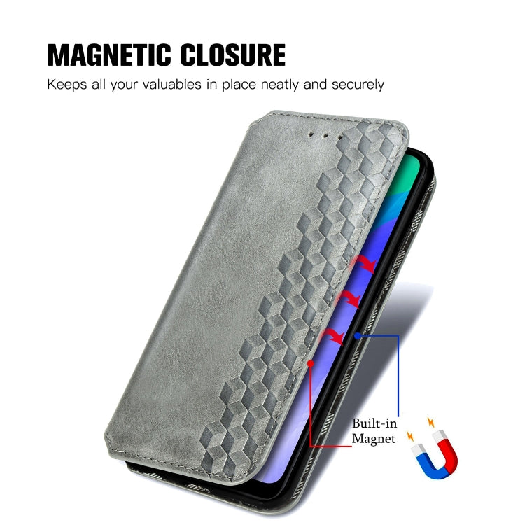 For Huawei Y6P Cubic Grid Pressed Horizontal Flip Magnetic Leather Case with Holder & Card Slots & Wallet