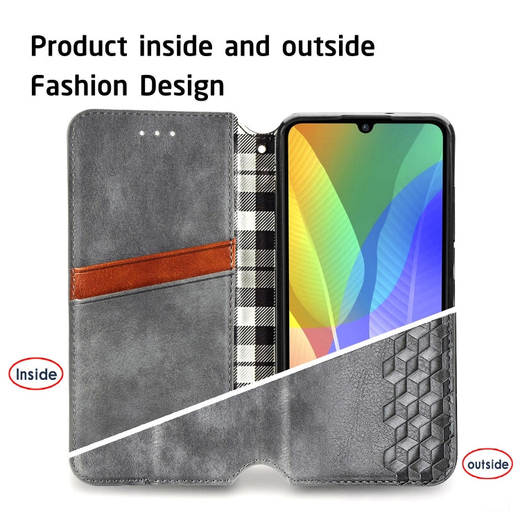 For Huawei Y6P Cubic Grid Pressed Horizontal Flip Magnetic Leather Case with Holder & Card Slots & Wallet