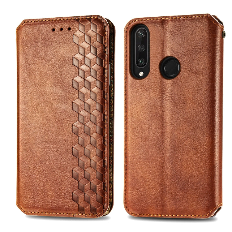For Huawei Y6P Cubic Grid Pressed Horizontal Flip Magnetic Leather Case with Holder & Card Slots & Wallet