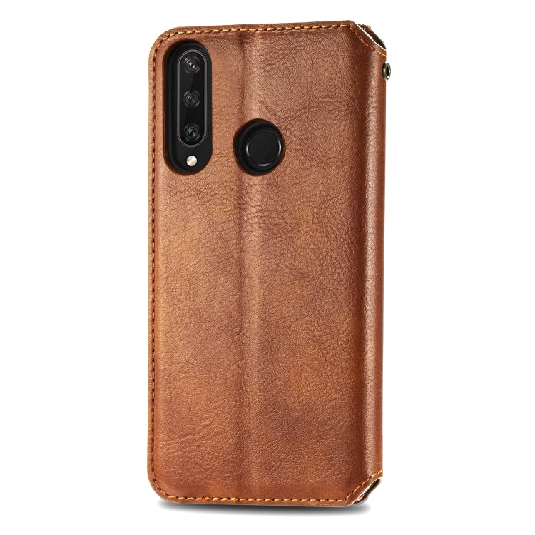For Huawei Y6P Cubic Grid Pressed Horizontal Flip Magnetic Leather Case with Holder & Card Slots & Wallet